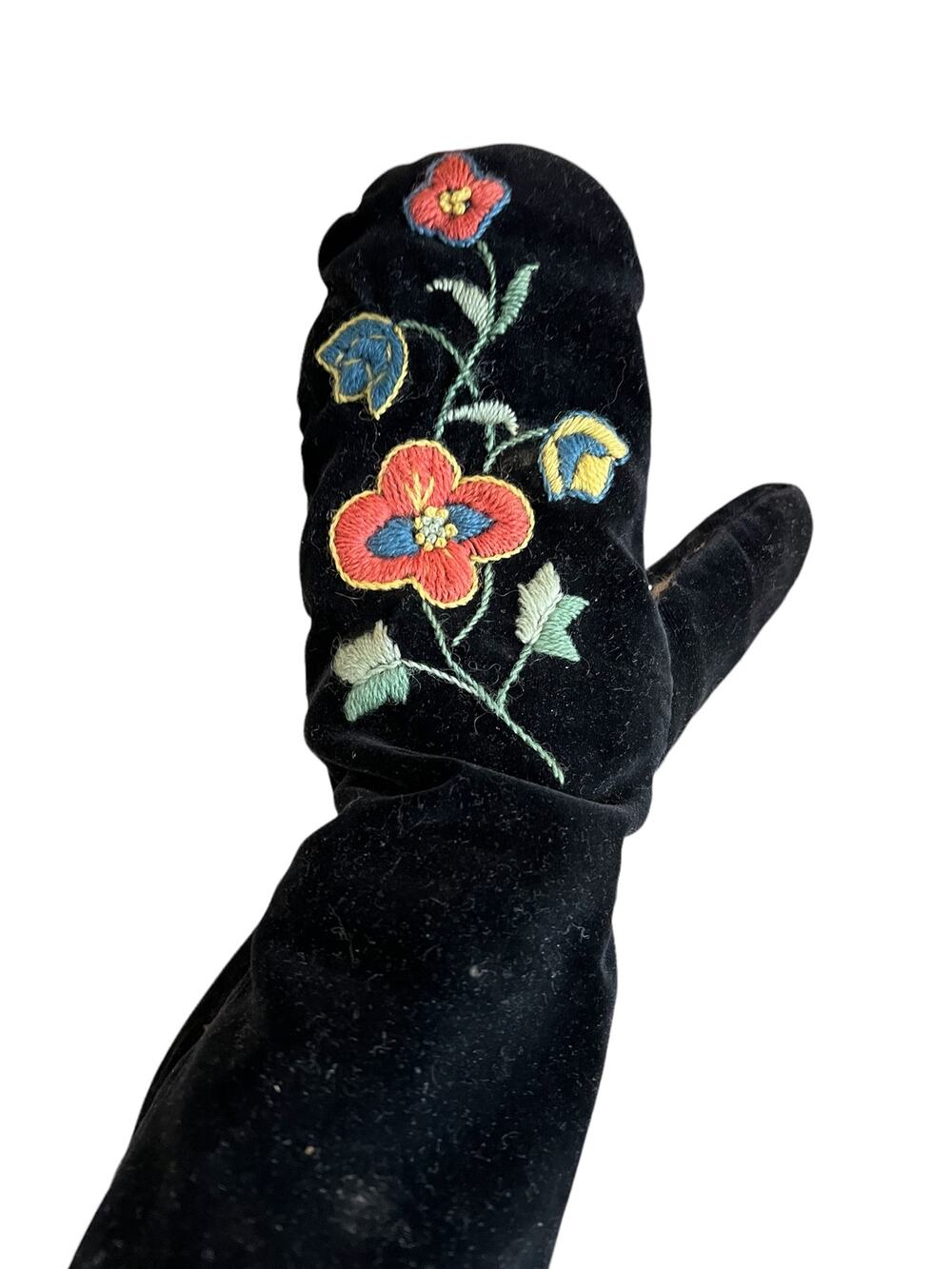Vintage Black Velvet Bohemian Floral Embroidered Mittens